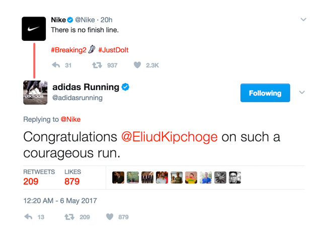 Breaking2,Nike adidas 对 Nike Breaking2 表示了祝贺和敬意 Breaking2,Nike adidas 对 Nike Breaking2 表示了祝贺和敬意