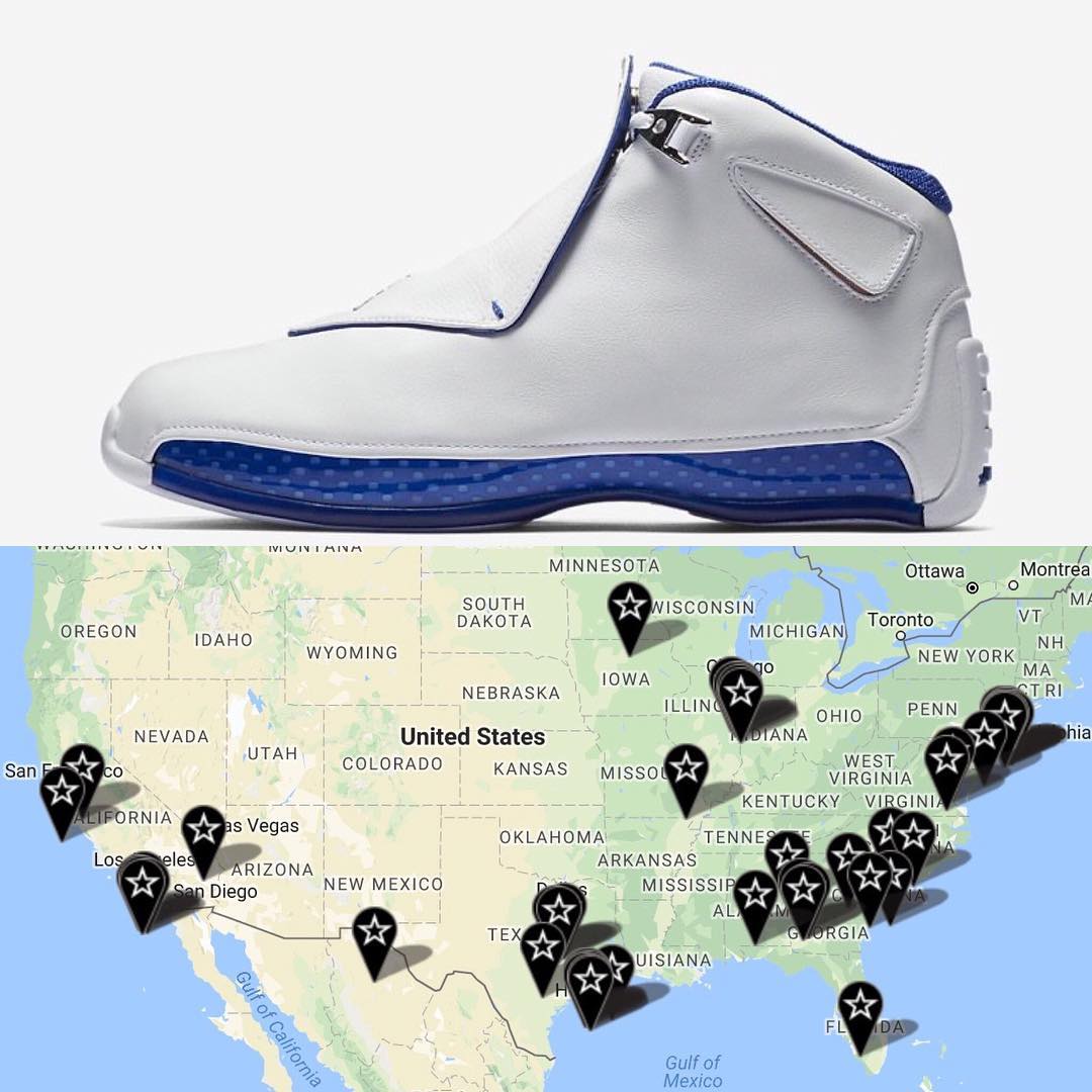 AJ18,Air Jordan 18,AA2494-106 Air Jordan 18 下周发售,海外店铺地图曝光,货量有点小意外 AJ18,Air Jordan 18,AA2494-106 Air Jordan 18 下周发售,海外店铺地图曝光,货量有点小意外