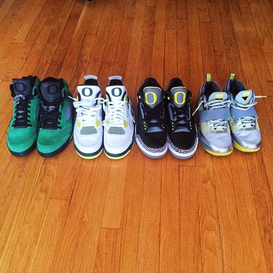 Oregon Ducks,俄勒冈鸭子球鞋 Oregon Ducks Macklemore 麦克默展示俄勒冈鸭子版球鞋藏品