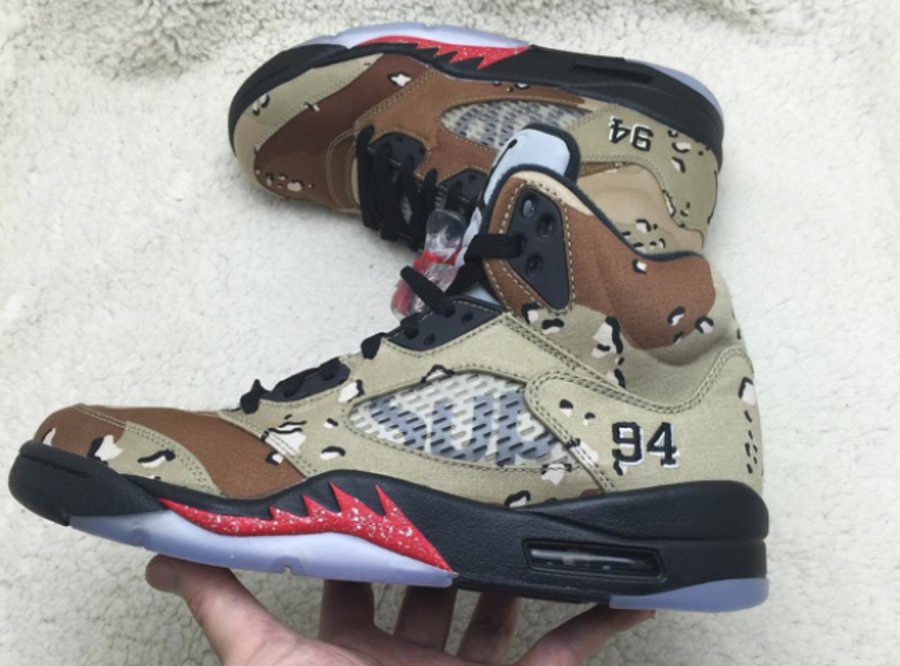 824371-201,AJ5,Air Jordan 5 824371-201AJ5 Supreme x Air Jordan 5 “Camo” 继续曝光实物图片