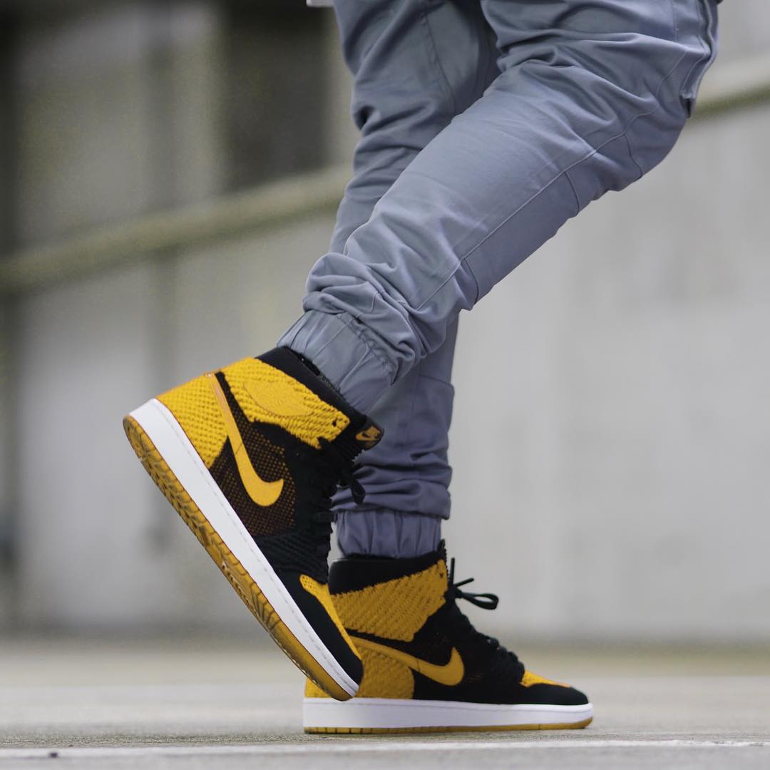 AJ1,Air Jordan 1  新欢配色！全新黑黄 Air Jordan 1 Flyknit 上脚照曝光