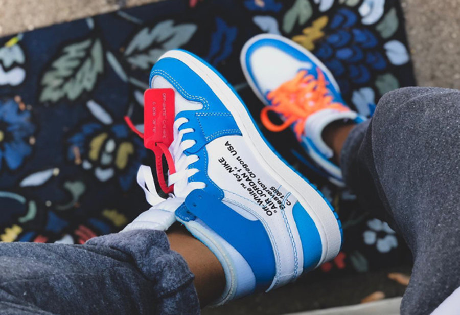 上脚,发售,AQ0818-148,Air Jordan 1,  发售日期推迟！最新 OFF-WHITE x AJ1 “UNC” 上脚美图欣赏