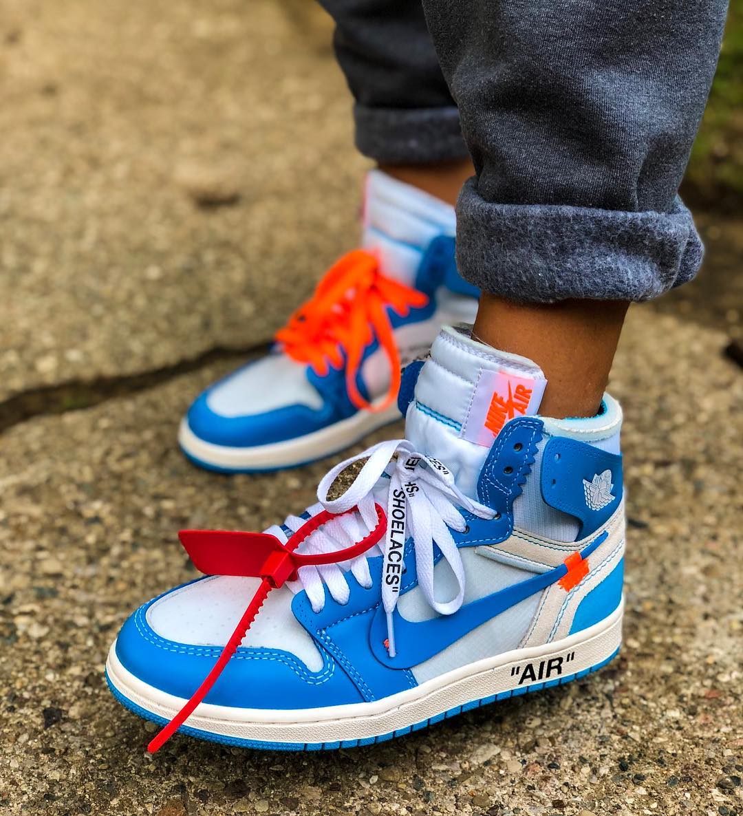 上脚,发售,AQ0818-148,Air Jordan 1,  发售日期推迟！最新 OFF-WHITE x AJ1 “UNC” 上脚美图欣赏