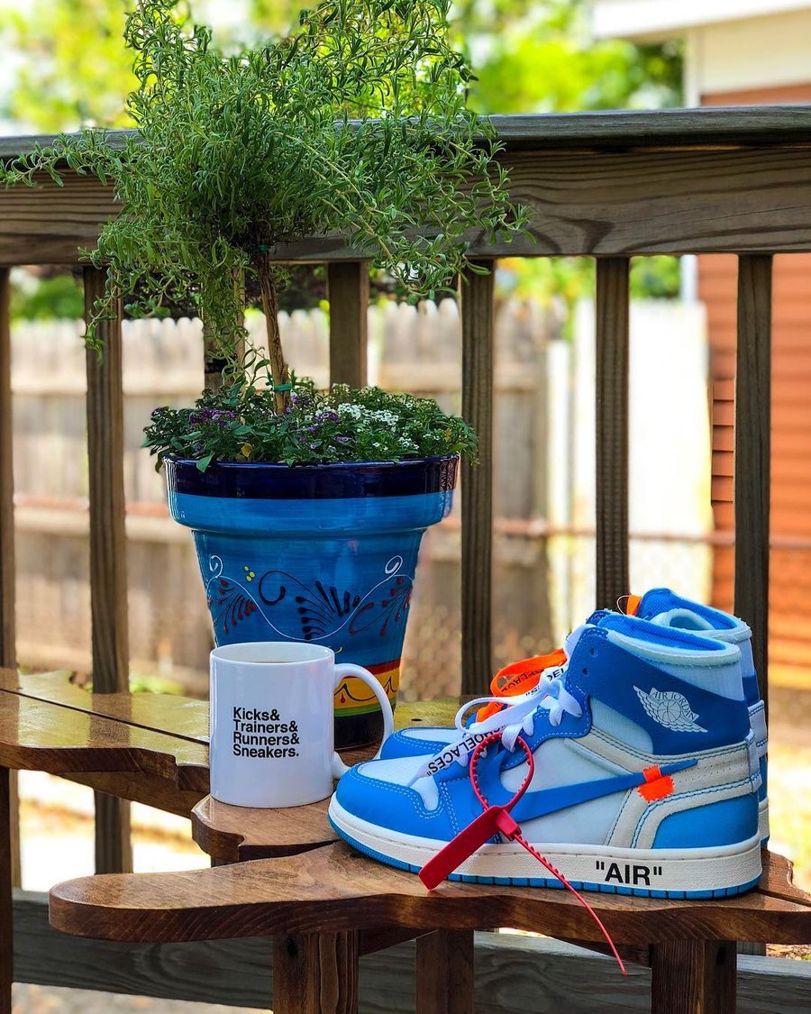 上脚,发售,AQ0818-148,Air Jordan 1,  发售日期推迟！最新 OFF-WHITE x AJ1 “UNC” 上脚美图欣赏