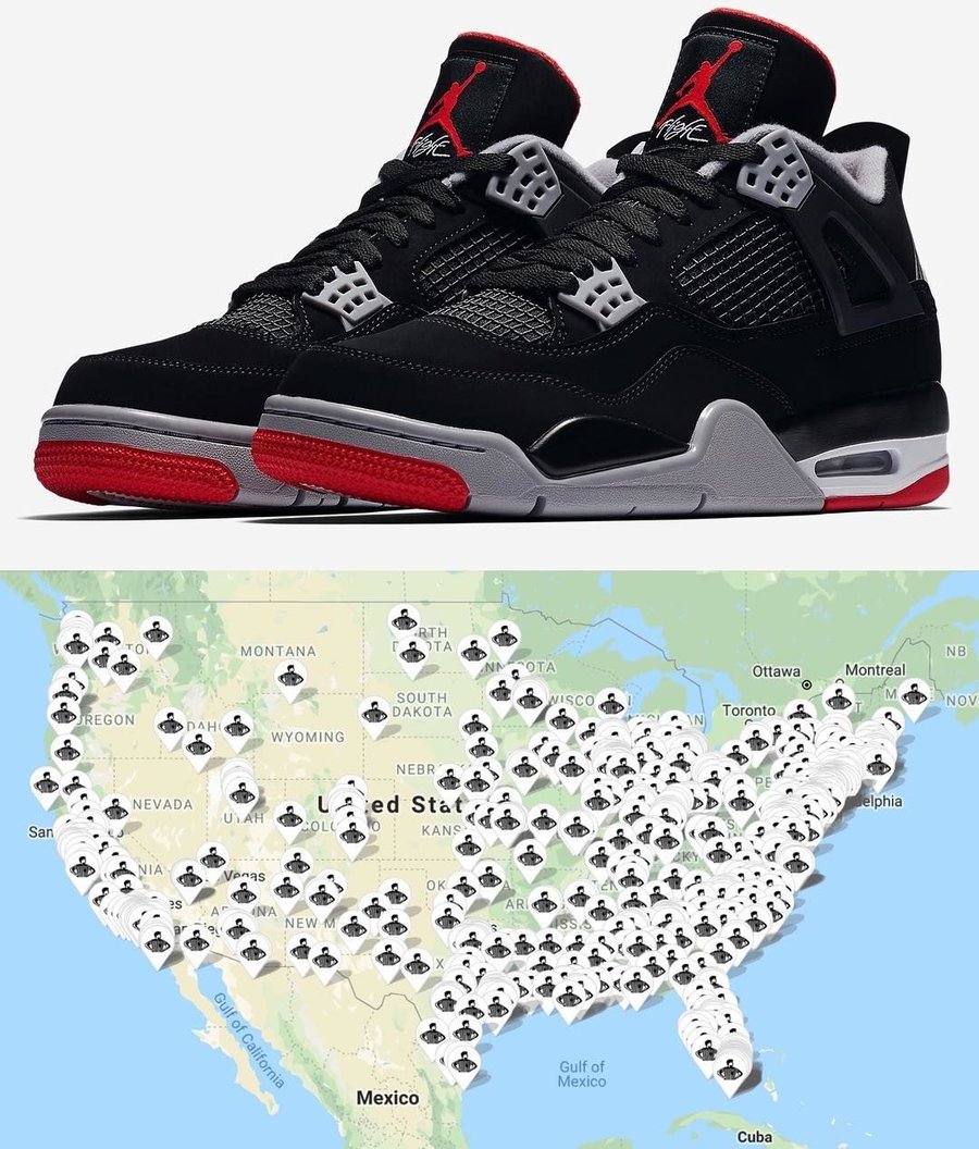 Air Jordan 4,AJ4,bred,发售,30849  货量可能不小！黑红 Air Jordan 4 北美发售店铺一览