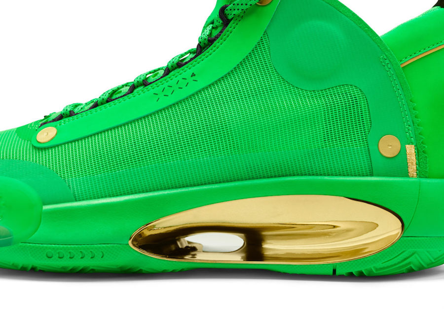 Air Jordan 34,AJ34  亮眼绿色 + 土豪金点缀！这双 Air Jordan 34 塔图姆 PE 有点酷