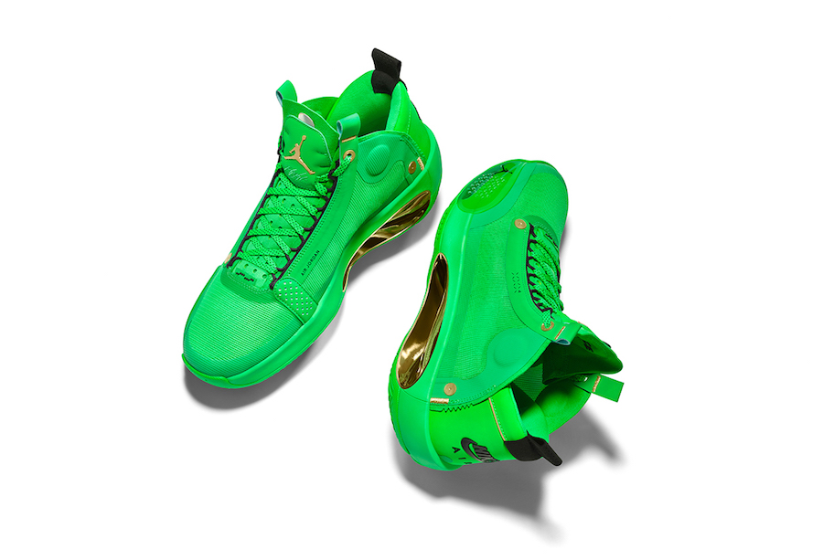 Air Jordan 34,AJ34  亮眼绿色 + 土豪金点缀！这双 Air Jordan 34 塔图姆 PE 有点酷