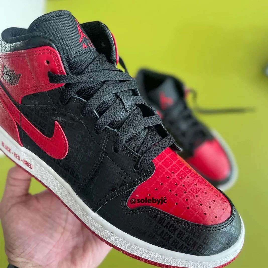 AJ,Air Jordan 1 Mid,Bred  鞋面细节有惊喜！小「禁穿」AJ1 实物首次曝光！